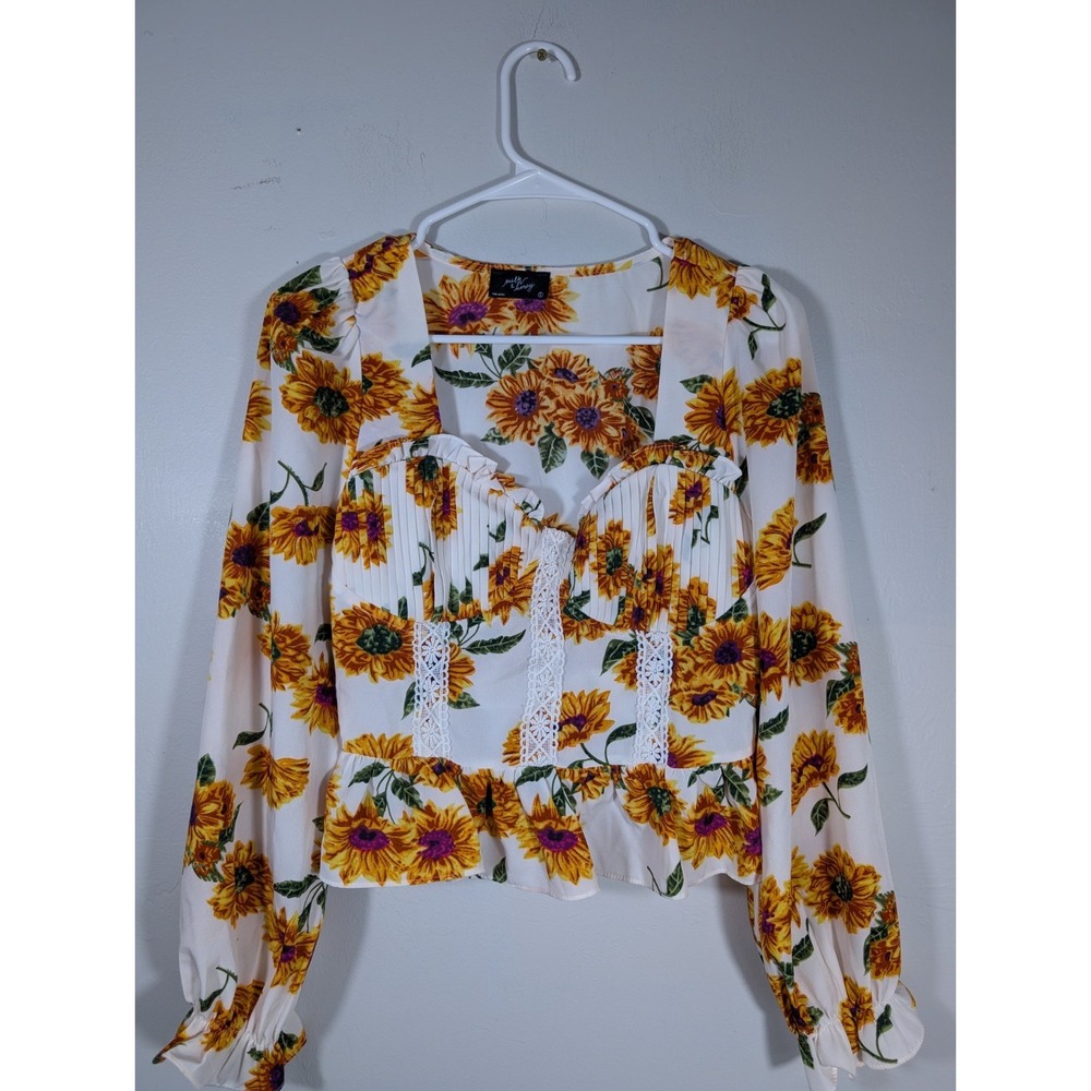 Milk & Honey Blouse Floral Peasant Puff Sleeve Smocked White Sunflower Small